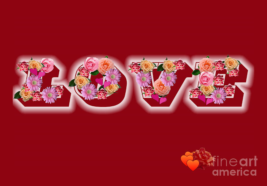 Love On Red with Flowers Digital Art by Teresa Zieba