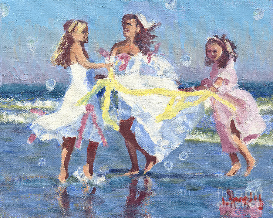 Love Peace and Joy IIIThree girls dancing for peace in the ocean with bubbles. Everyday is a present Painting by Candace Lovely