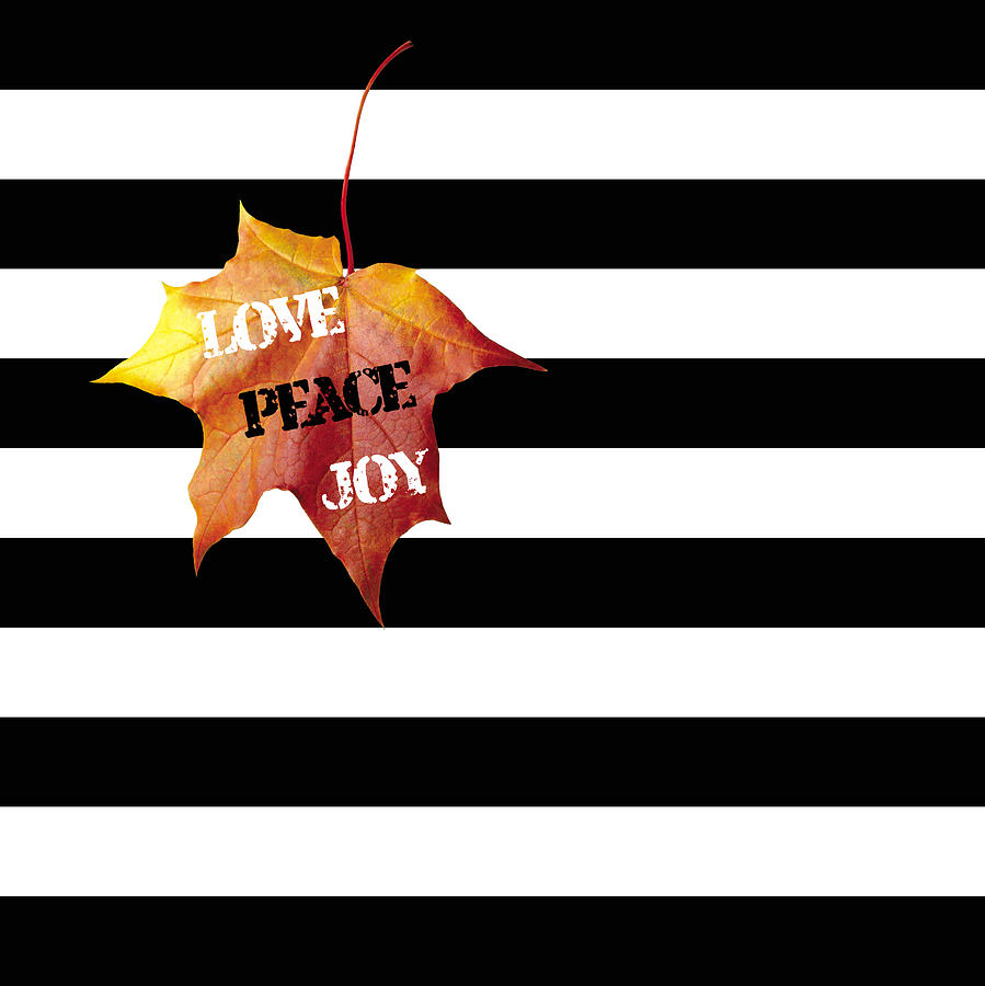 Black And White Stripes Painting - LOVE PEACE JOY Autumn Message  on Black and White Stripes by Georgeta Blanaru
