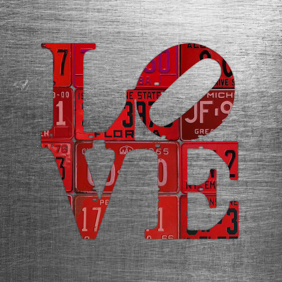 Love Sign Philadelphia Recycled red Vintage License Plates on Aluminum Sheet Mixed Media by Design Turnpike
