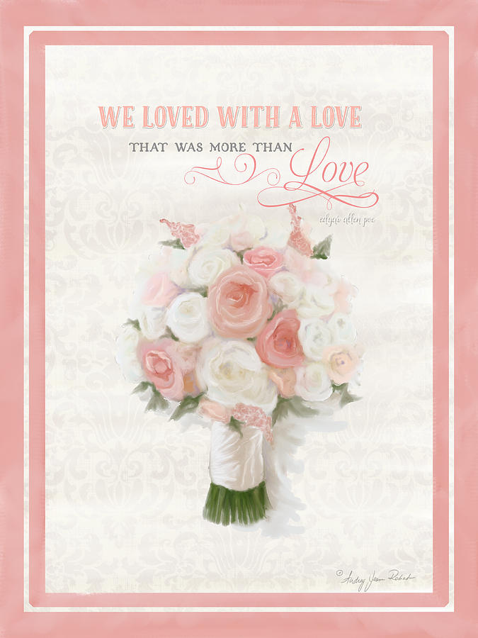 Love Typography Bridal Bouquet Damask Lace Coral Peach Blush Painting by Audrey Jeanne Roberts