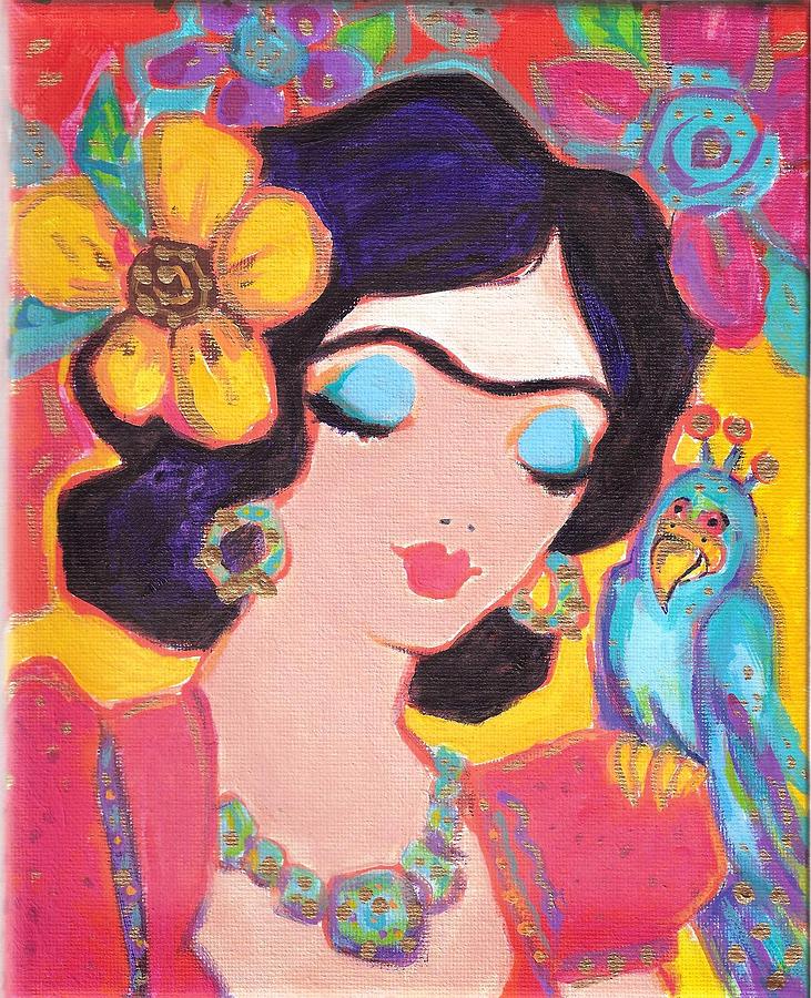 Portrait Painting - Lovely Frida and Little Blue Parrot by Karen Haring
