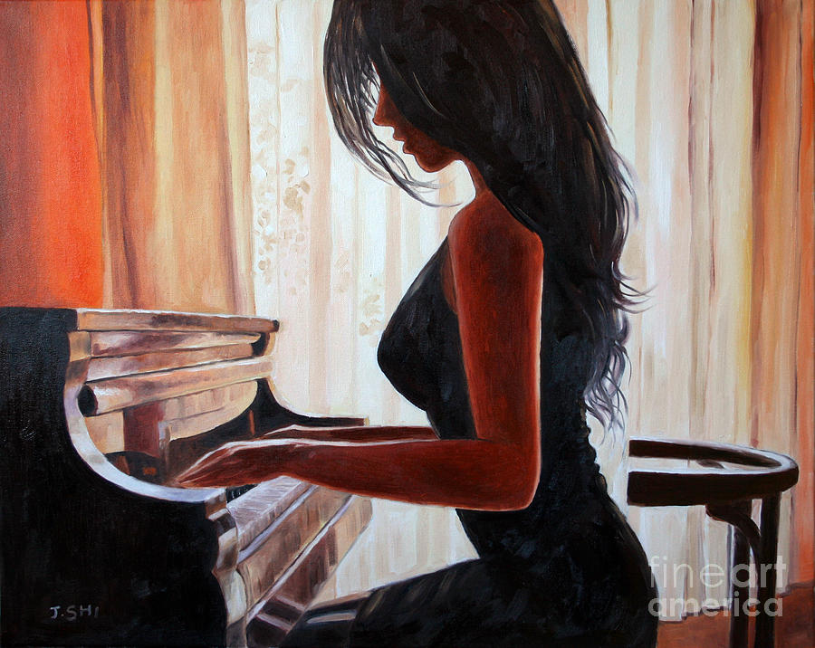 Lovely Girl Playing Piano Painting By Jian Shi