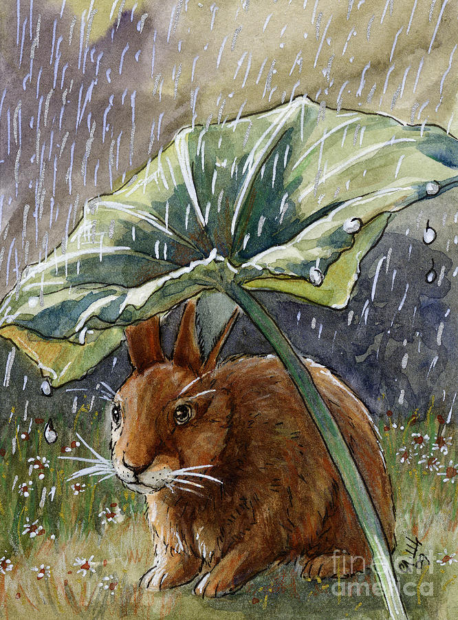 Lovely Rabbits - in the rain Painting by Svetlana Ledneva-Schukina