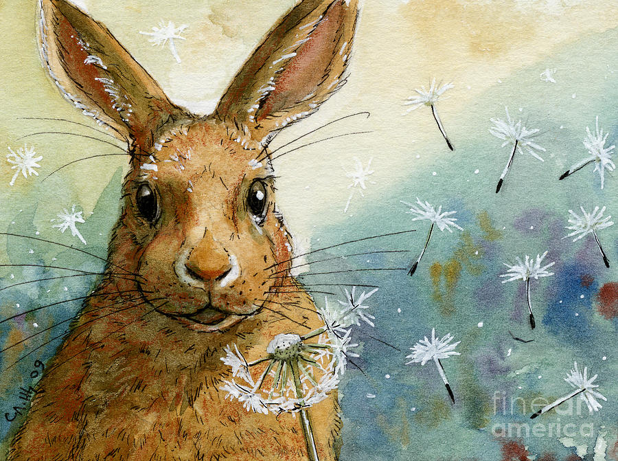 Lovely Rabbits - With dandelions Painting by Svetlana Ledneva-Schukina