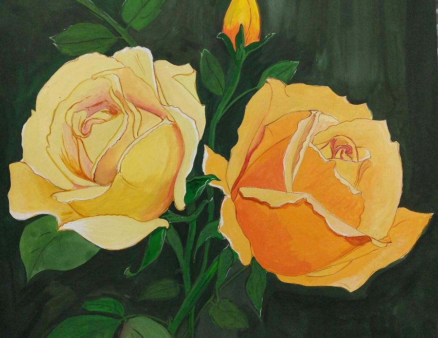 Rose Drawing - Lovely yellow roses by Pushpa Sharma