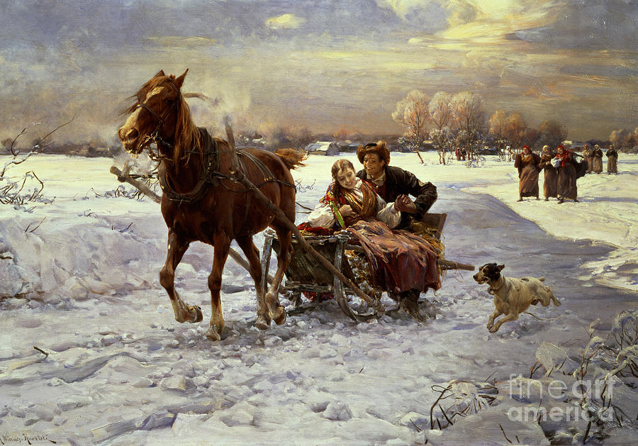Lovers in a sleigh Painting by Alfred von Wierusz Kowalski
