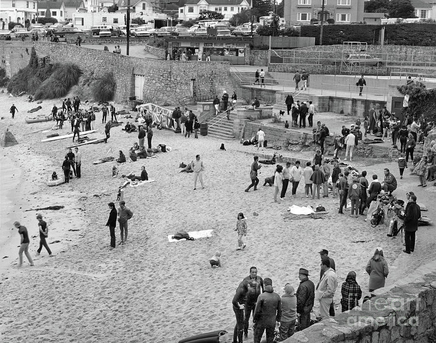 Summer Photograph - Lovers Point Beach with lots of Scuba Divers Circa 1968 by Monterey County Historical Society
