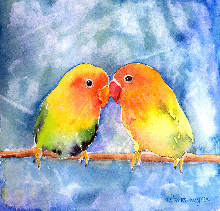 Lovebird Painting - Lovey Dovey Lovebirds by Arline Wagner