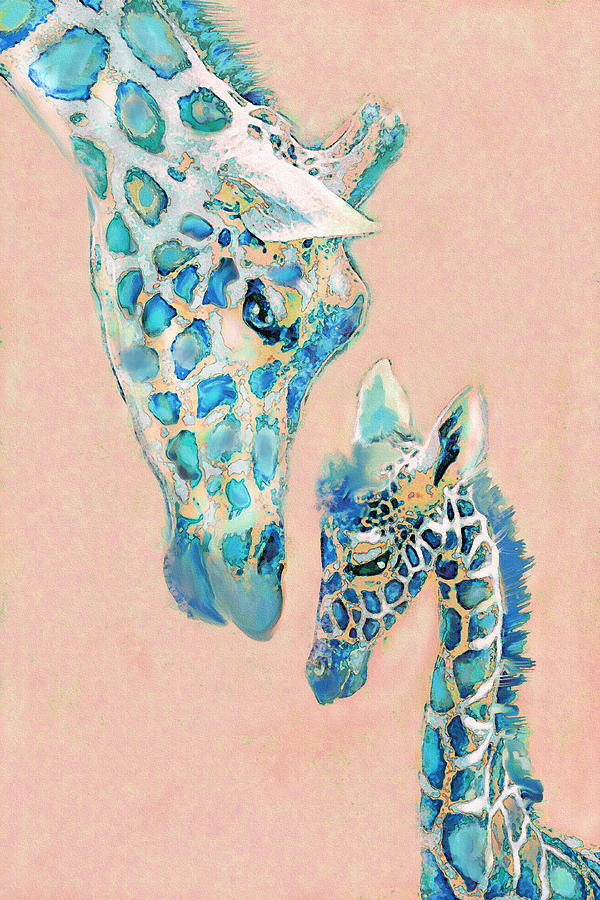 Loving Giraffes Family- Coral Digital Art by Jane Schnetlage