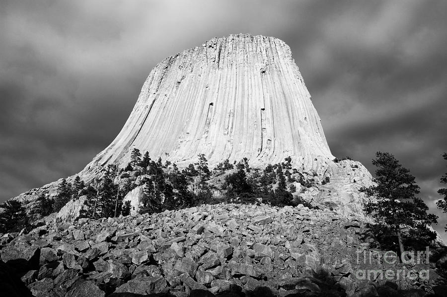 Low Angle Devils Tower National Monument Wyoming USA Black and White Photograph by Shawn OBrien