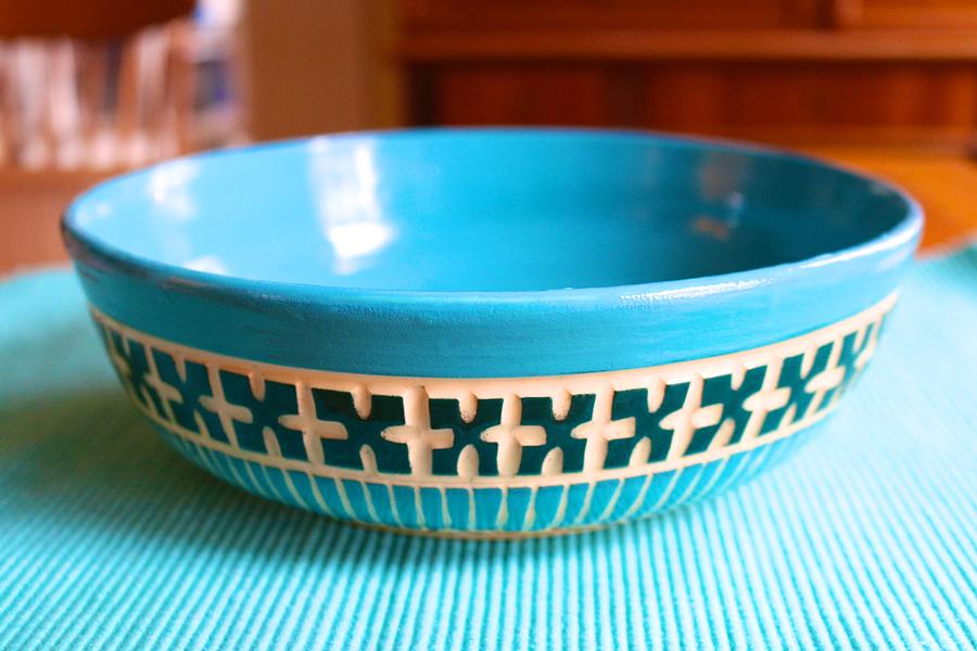 Low Carved Bowl in Turquoise and Green Ceramic Art by Polly Castor