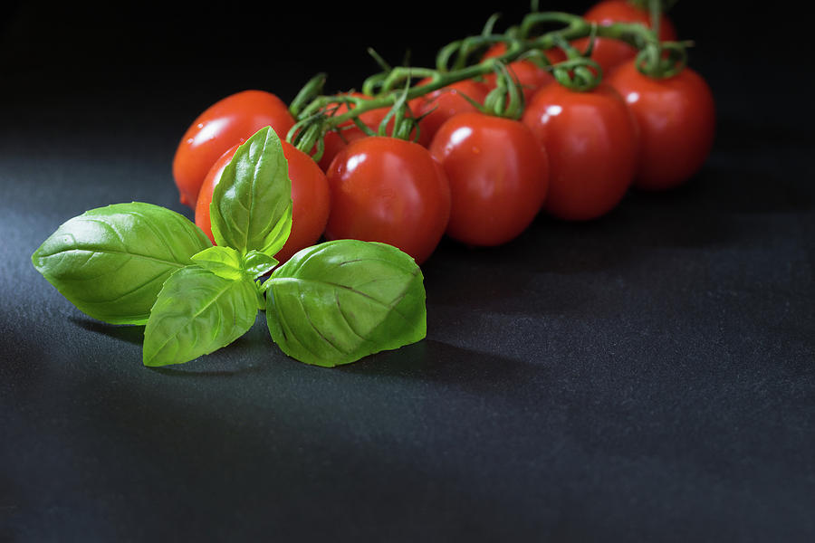 Low Key Shot Of Tomatoes With A Leaf Of Basil Photograph