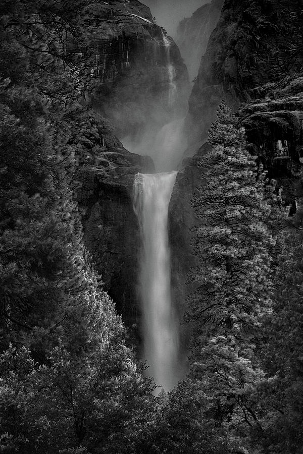 Lower and Middle Yosemite Falls in Black and White Photograph by Raymond Salani III