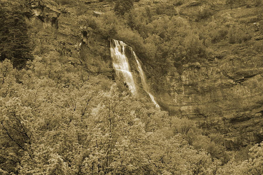 Lower Level Bridal Veil Falls Provo Canyon Utah Photograph in Sepia Photograph by Colleen Cornelius