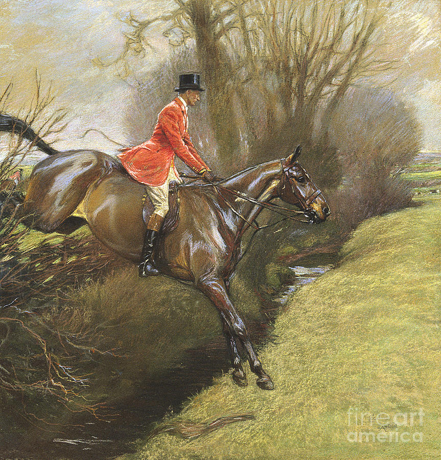 Lt Col Ted Lyon Jumping a Hedge Pastel by Cecil Charles Windsor Aldin