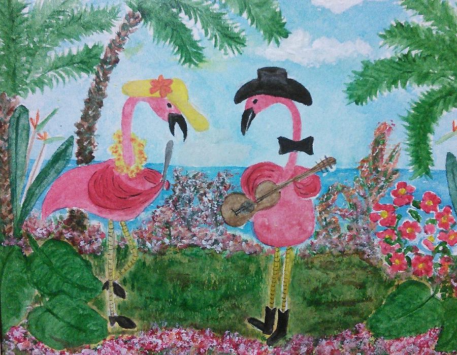 Luau Flamingos Painting by Susan Nielsen