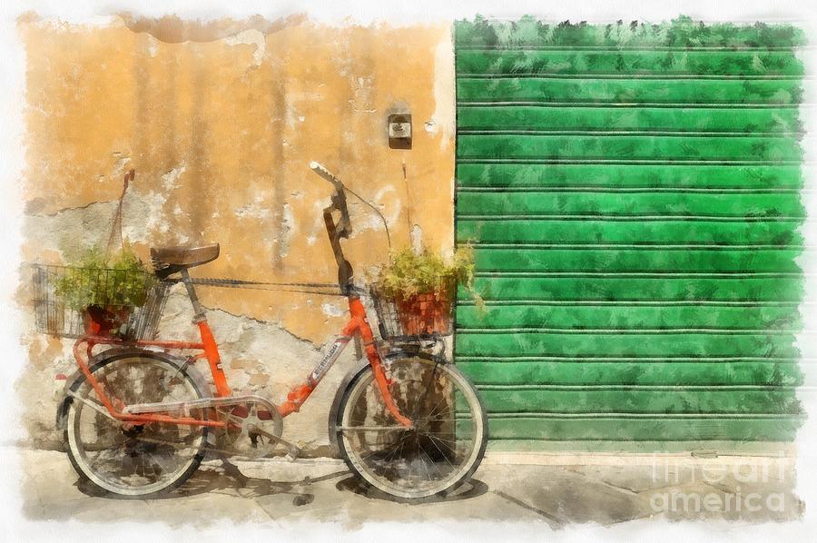 City Painting - Lucca Italy Bike Watercolor by Edward Fielding
