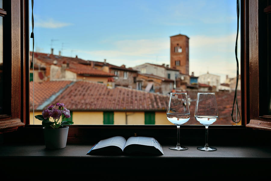 Lucca window view with wine book flower Photograph by Songquan Deng