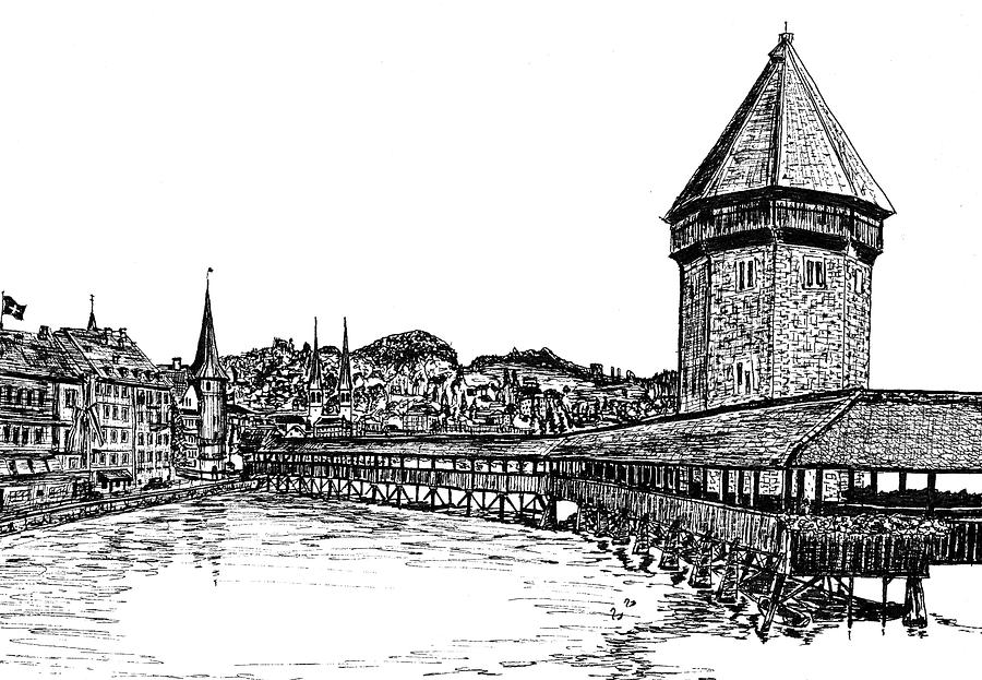 Bridge Drawing - Lucerne by Frank SantAgata