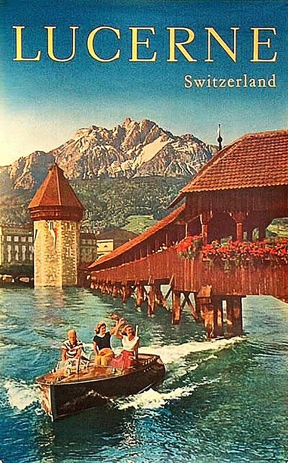 Vintage Painting - Lucerne, Switzerland, sailing on a small ship by Long Shot