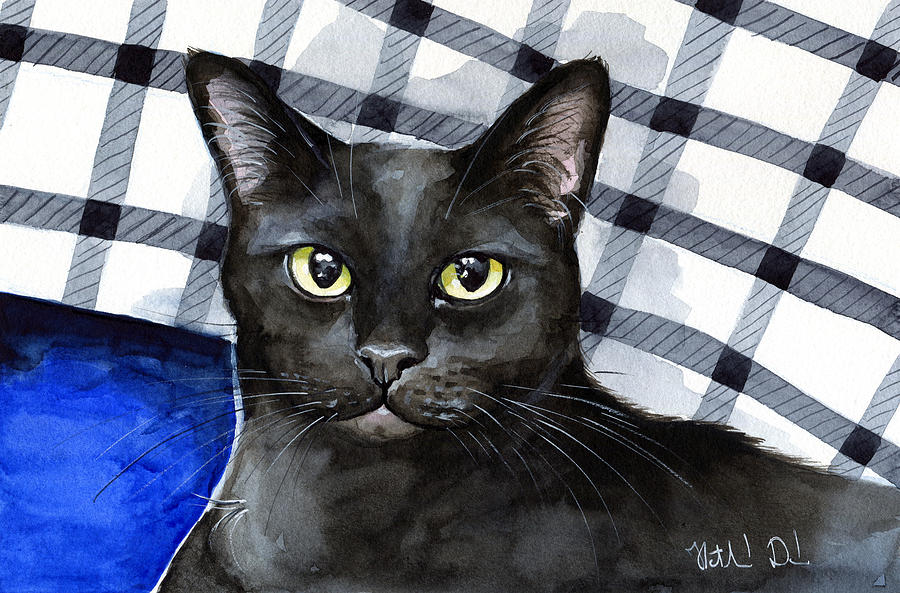 Cat Painting - Lucky - Black Cat Portrait by Dora Hathazi Mendes