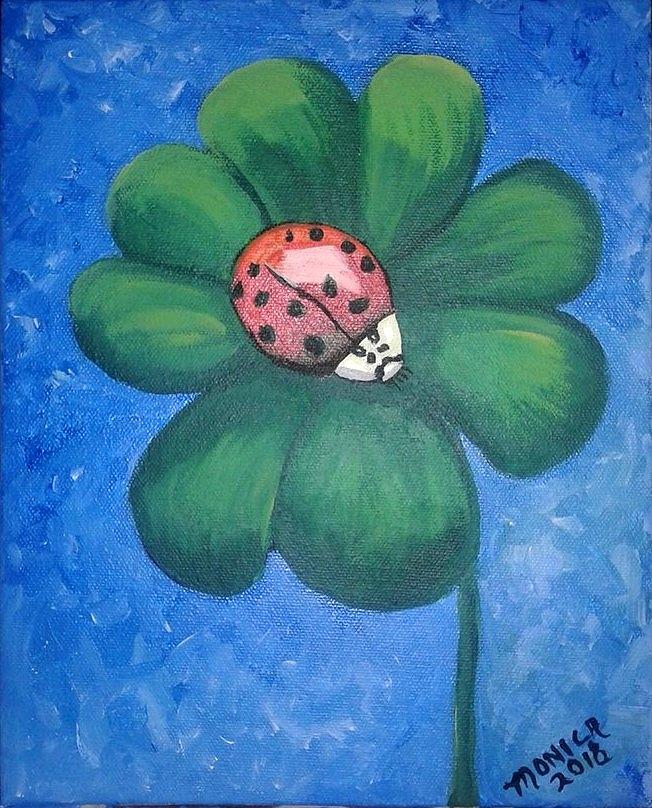 Lucky Ladybug on 4-Leaf Clover Painting by Monica Resinger