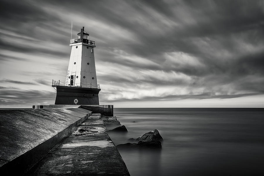 Lake Michigan Photograph - Ludington Light Black and White by Adam Romanowicz