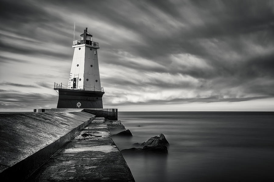 Ludington Light Black and White Photograph by Adam Romanowicz