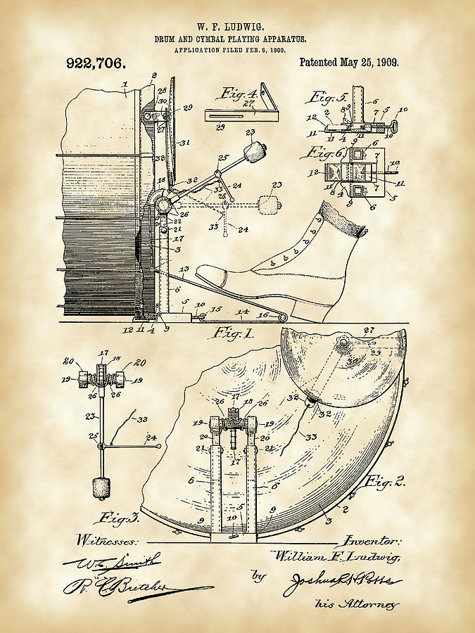 Ludwig Drum and Cymbal Foot Pedal Patent 1909 - Vintage Digital Art by Stephen Younts