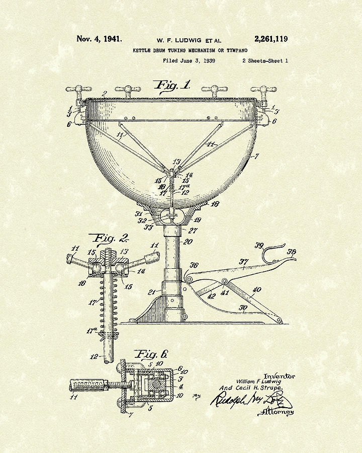 Ludwig Drums 1941 Patent Art Drawing by Prior Art Design