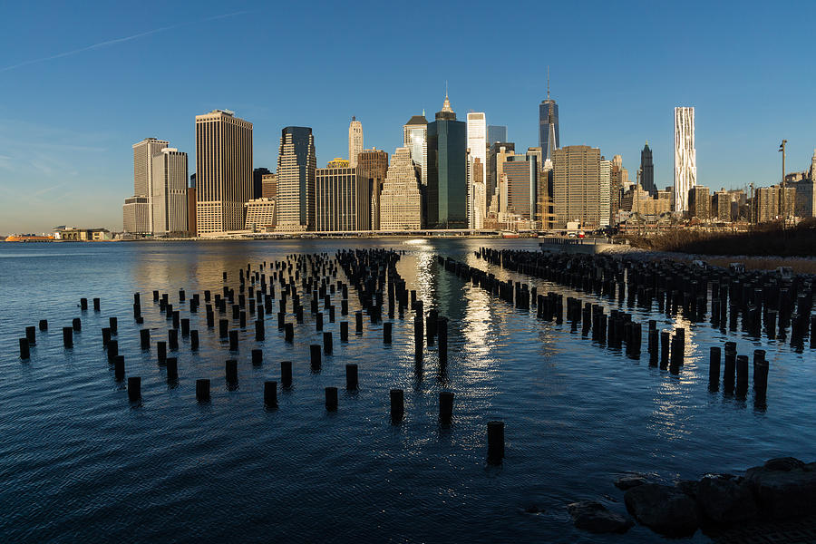 New York City Photograph - Luminous Blue Silver and Gold - Manhattan Skyline and East River by Georgia Mizuleva