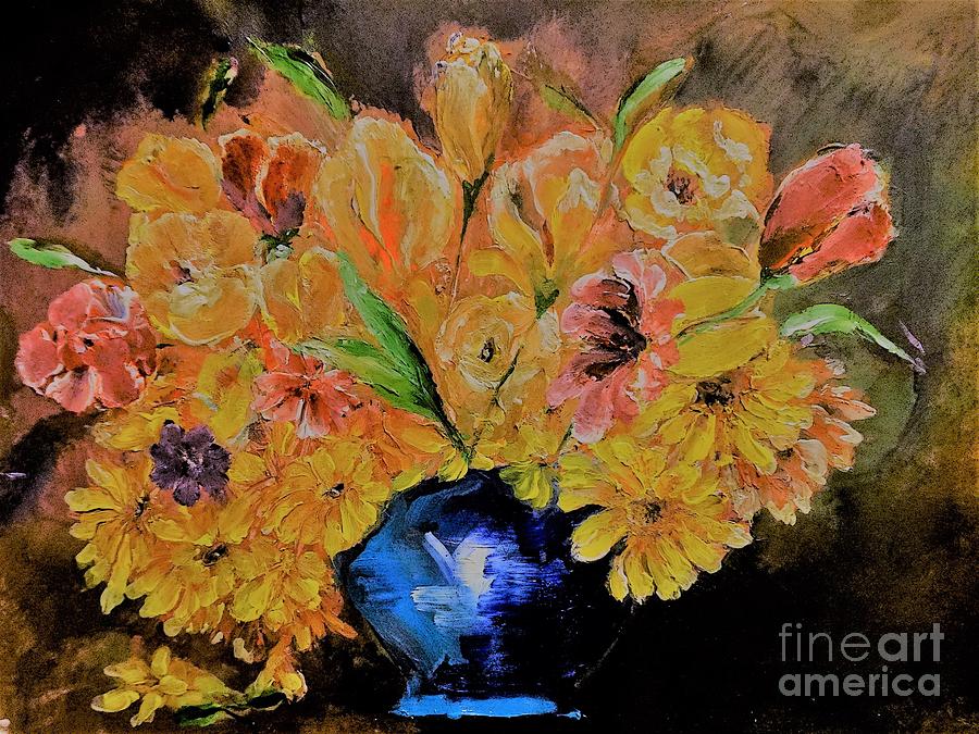 Luminous Yellow Ochre and Red Floral Bouquet Painting Painting by Lisa Kaiser