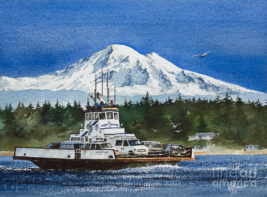 Lummi Island Ferry and Mt Baker Painting by James Williamson