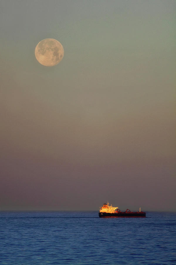 Sunset Photograph - Luna and the Ship - Ocean - Cargo Ship - Seascape by Jason Politte