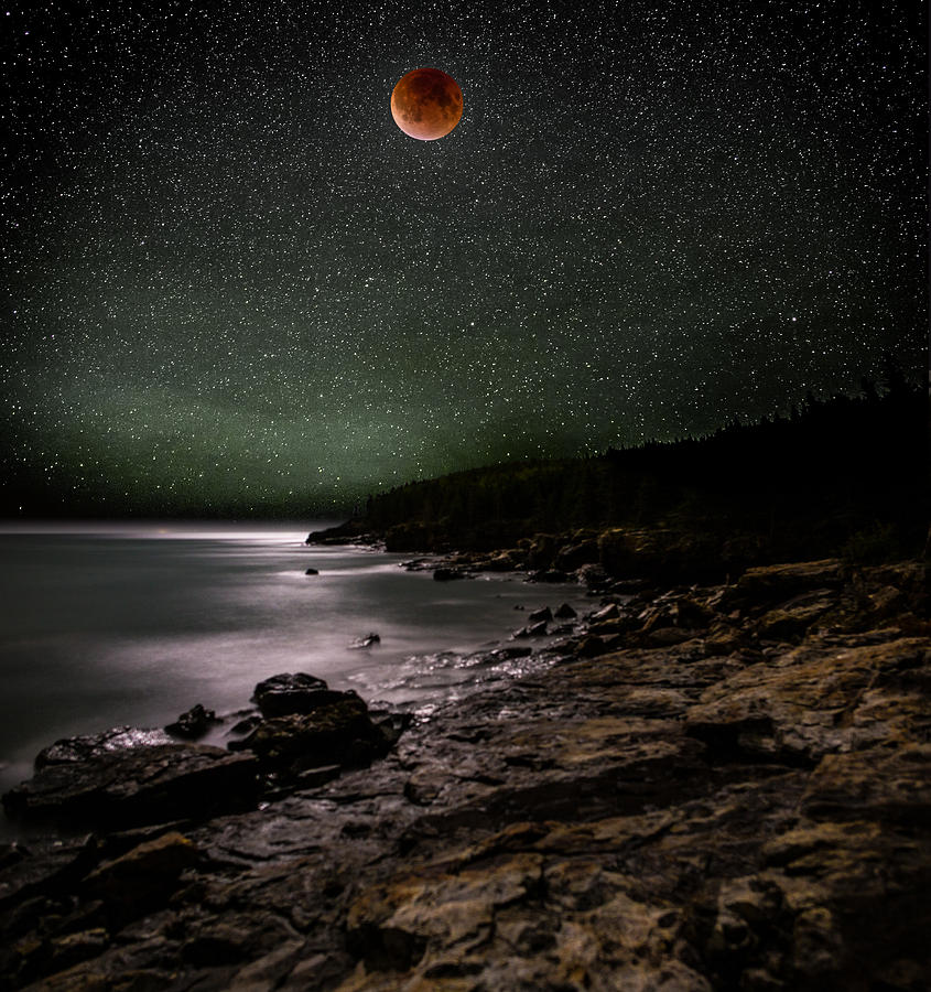 Acadia National Park Photograph - Lunar Eclipse over Great Head by Brent L Ander
