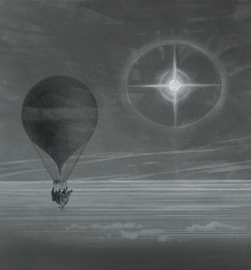 Lunar halo and luminescent cross observed during the balloon Zeniths long distance flight Drawing by French School