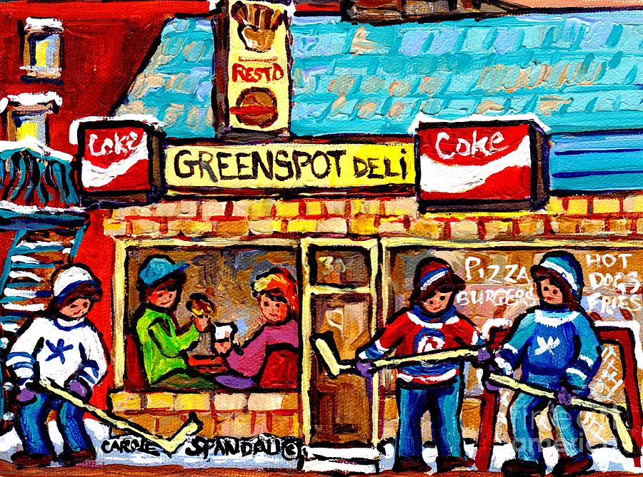 Lunch At Greenspot Deli Montreal Winter Street Hockey Game Scene Painting For Sale Carole Spandau    Painting by Carole Spandau