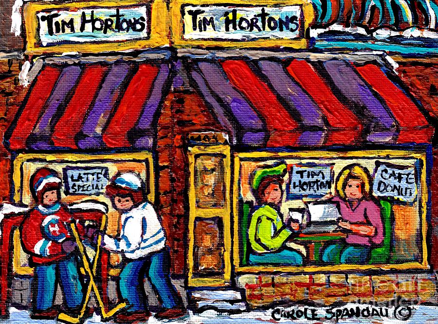 Lunch At Tim Hortons Coffee Shop Hockey Game Montreal Winter City Scene Canadian Art For Sale  Painting by Carole Spandau