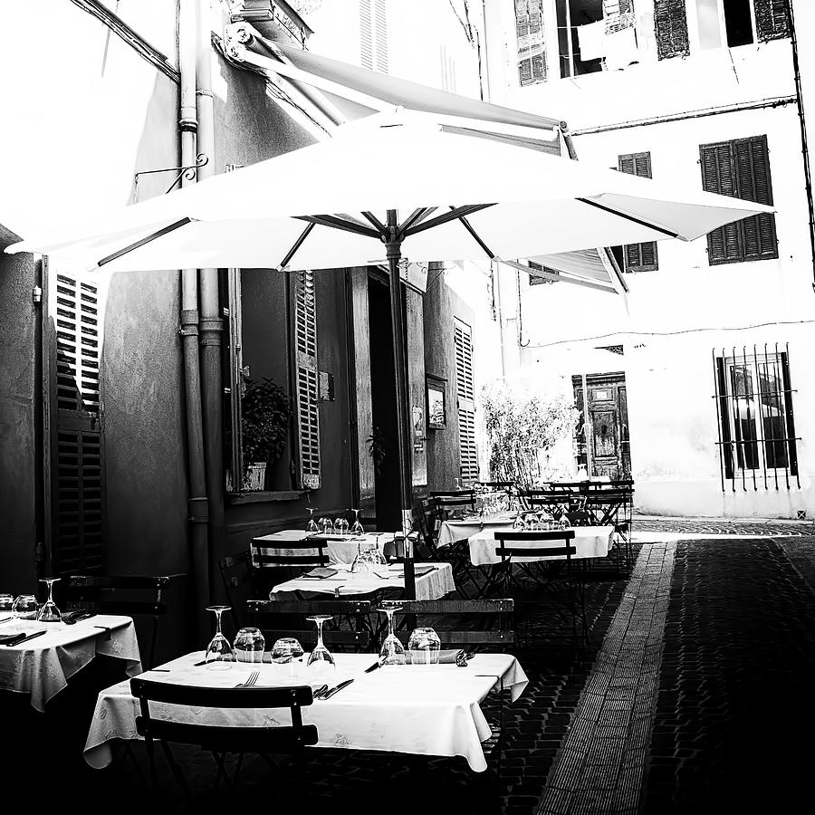 Black And White Photograph - Lunch in the Back Streets - Square by Georgia Clare