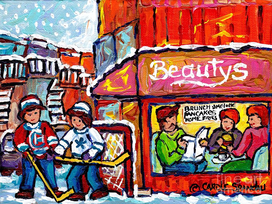 Lunch-time Winter Fun At Beautys Restaurant Montreal Street Hockey Game Canadian Art Carole Spandau Painting by Carole Spandau