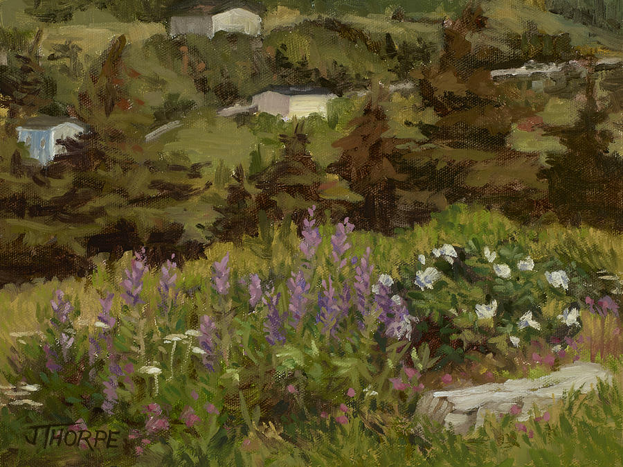 Lupine and Wild Roses Painting by Jane Thorpe