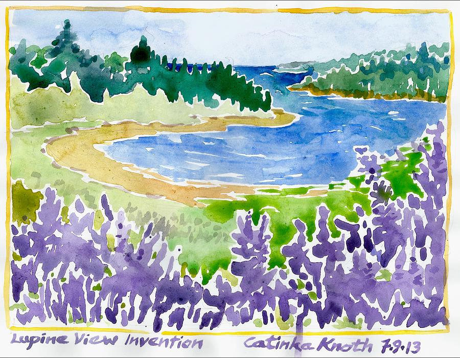Lupine Coastal Scene Watercolor Painting by Catinka Knoth