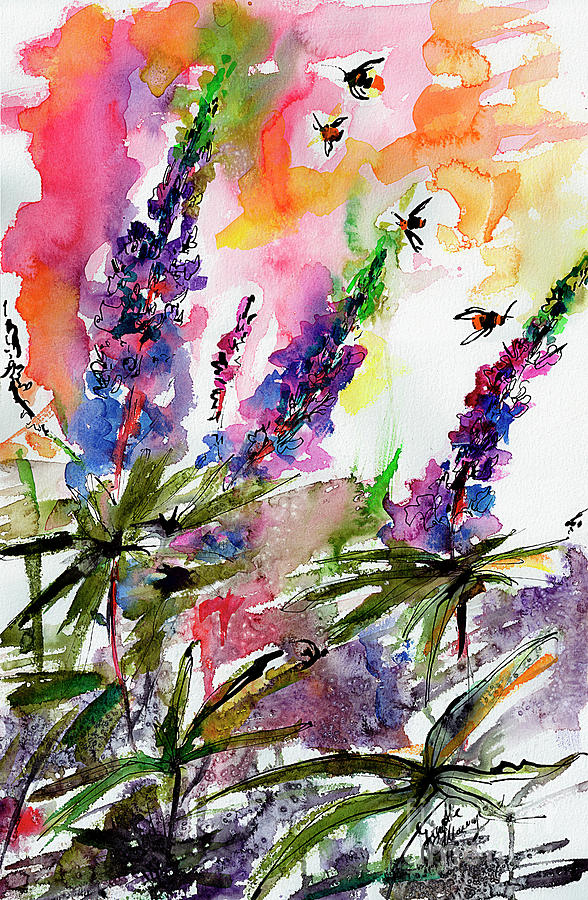 Lupines and Bees Flower Watercolor Painting by Ginette Callaway
