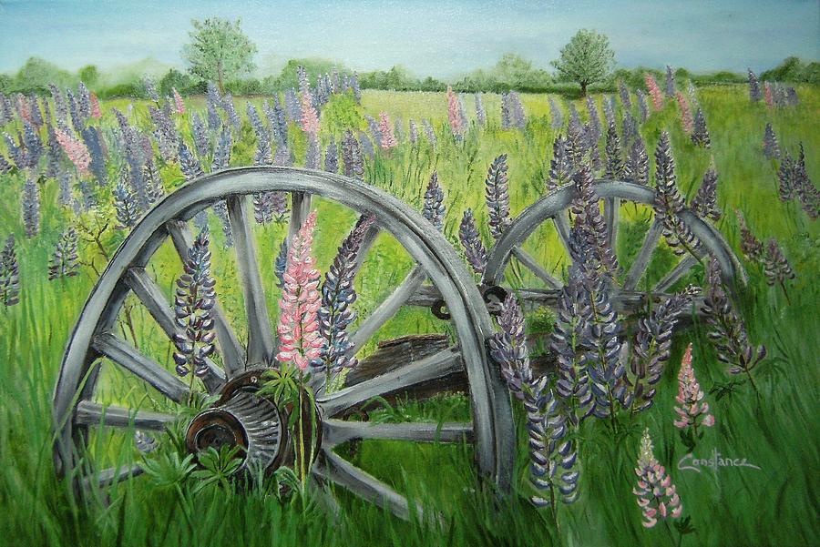 Vintage Painting - Lupins and Wagon Wheels by Connie Rowsell
