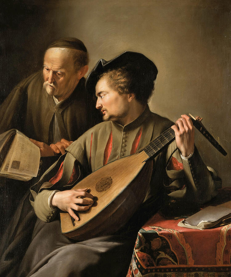 Lute Player accompanying an Old Man holding a Musical Score Painting by Jacques des Rousseaux