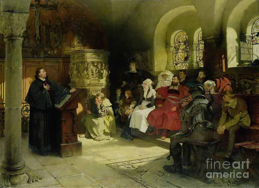 Luther Preaches using his Bible Translation while Imprisoned at Wartburg Painting by Hugo Vogel
