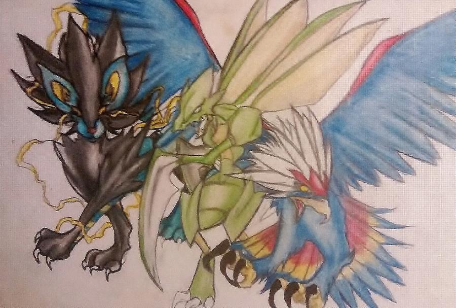 Luxray, Scyther, And Braviary Drawing
