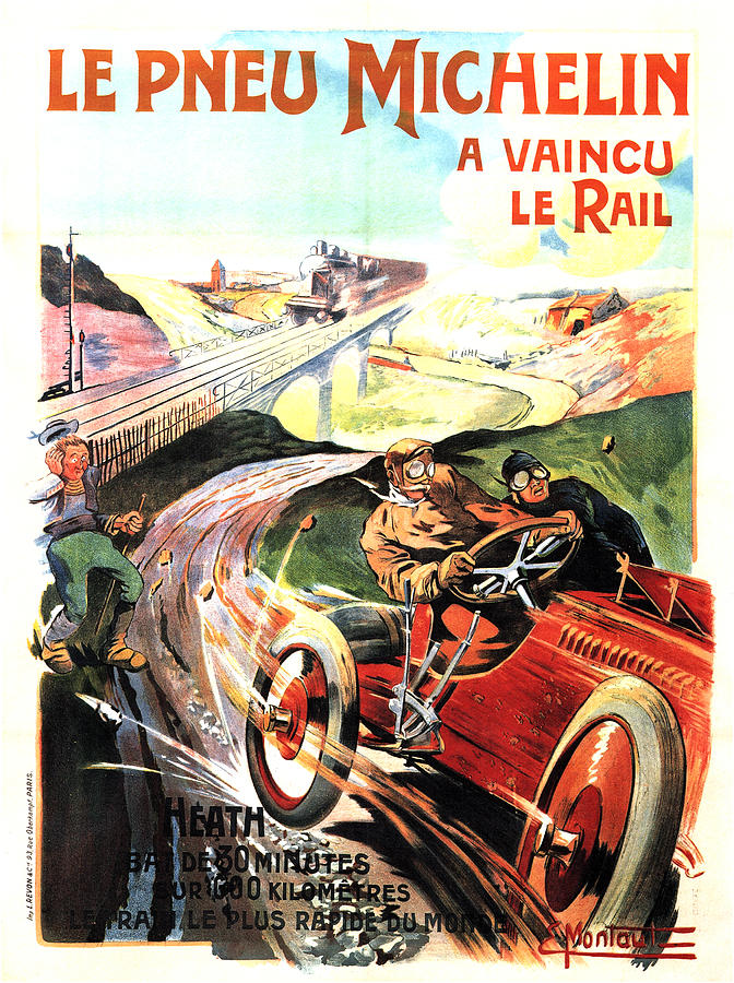 Lw Pneu Michelin A Vaincu Le Rail - Vintage Tyre Advertising Poster Mixed Media by Studio Grafiikka