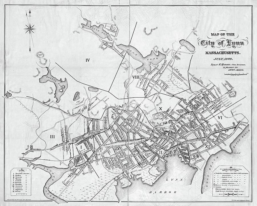 Lynn MA 1876 Historical Map Black and White Photograph by Toby McGuire